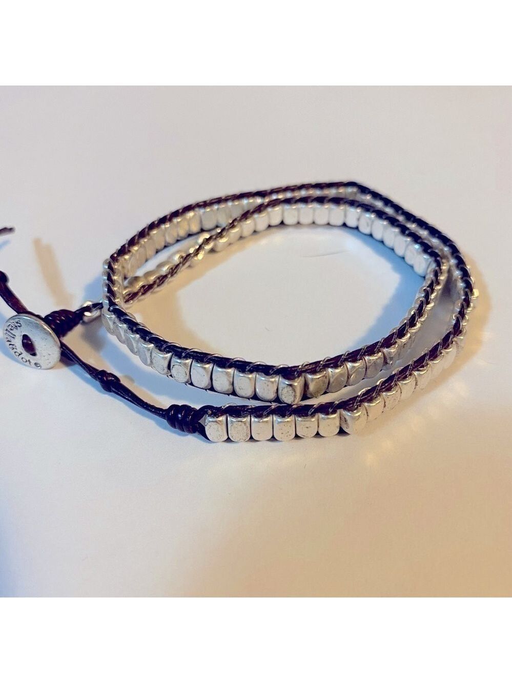 𝅺STELLA & Dot silver beaded wrap bracelet leather accents